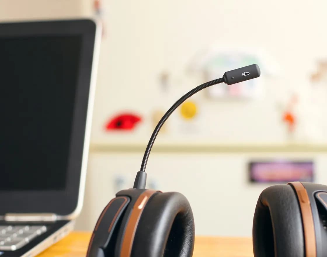 A call-center headset next to a laptop